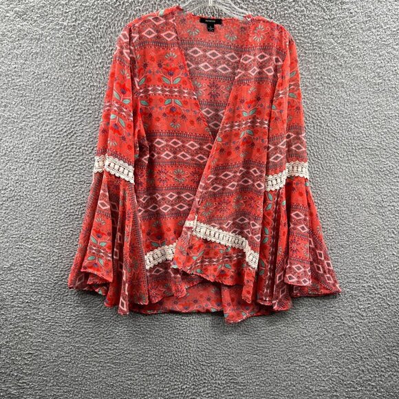 Espresso Womens Cardigan Top Large Red Aztec Print Open Front Bell Sleeve Shirt - Picture 1 of 9